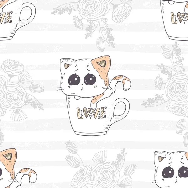 귀여운 손 사랑 편지와 함께 한 잔에 그려진된 고양이와 완벽 한 패턴입니다. 로맨틱 꽃 배경 — 스톡 벡터