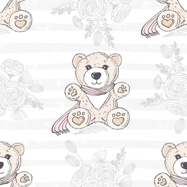 Modèle sans couture avec ours en peluche dessiné à la main mignon. Fond floral romantique — Image vectorielle