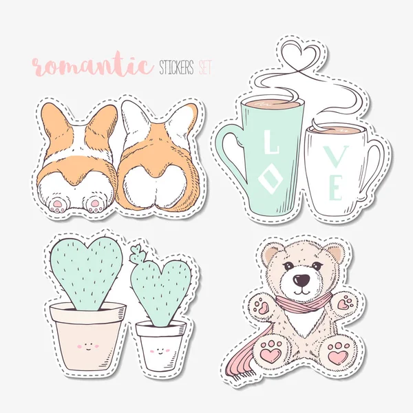 Filetes hechos a mano con perros, cactus, tazas y osito de peluche. Parches de dibujos animados — Vector de stock