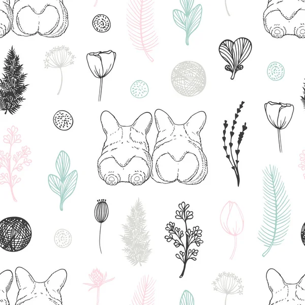 Pastel naadloze patroon met hand getrokken honden en bloemen. Schattig doodle achtergrond — Stockvector