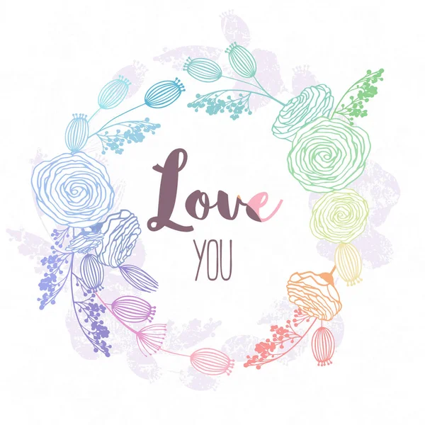 Hand drawn floral wreath in hologram style and rainbow colors. Valentines day template background — Stock Vector