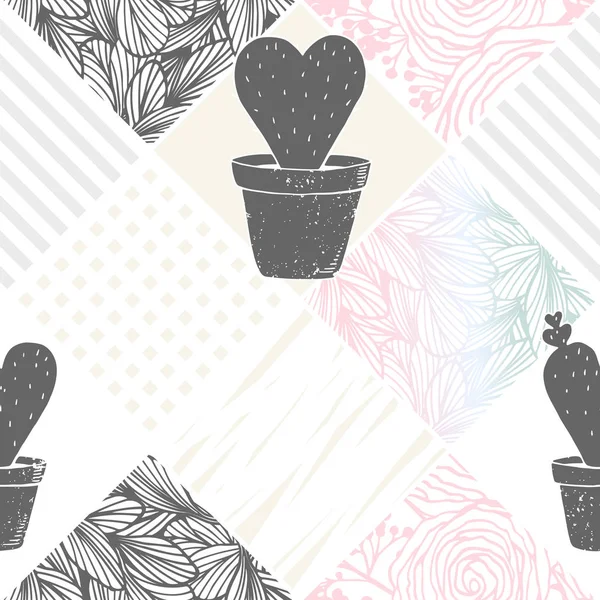 Handgezeichnete florale Patchwork nahtlose Muster mit Kaktus. abstrakter moderner Hintergrund — Stockvektor