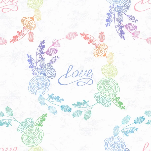 Handgezeichnete florale nahtlose Muster im Hologrammstil und in Regenbogenfarben. Valentinstag Hintergrund. handgeschriebene Liebesbriefe — Stockvektor