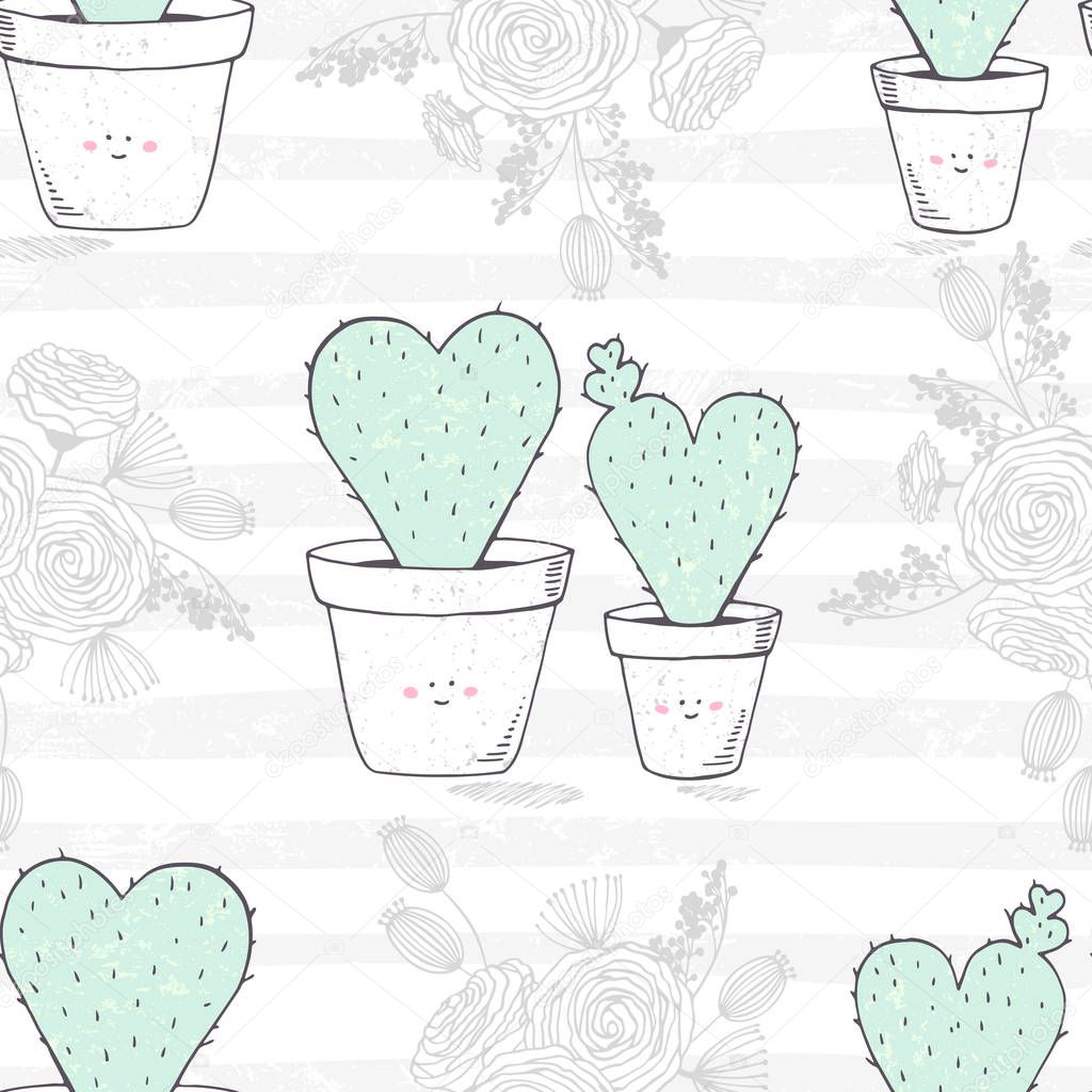 Seamless pattern with hand drawn heart shaped family of cactuses with a baby. Romantic floral background