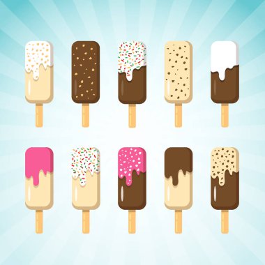 Birçok Lezzet Stick Dondurma Seti. Dondurmalar çikolata, vanilya ve çilek çeşitli Tepesi ile vardır