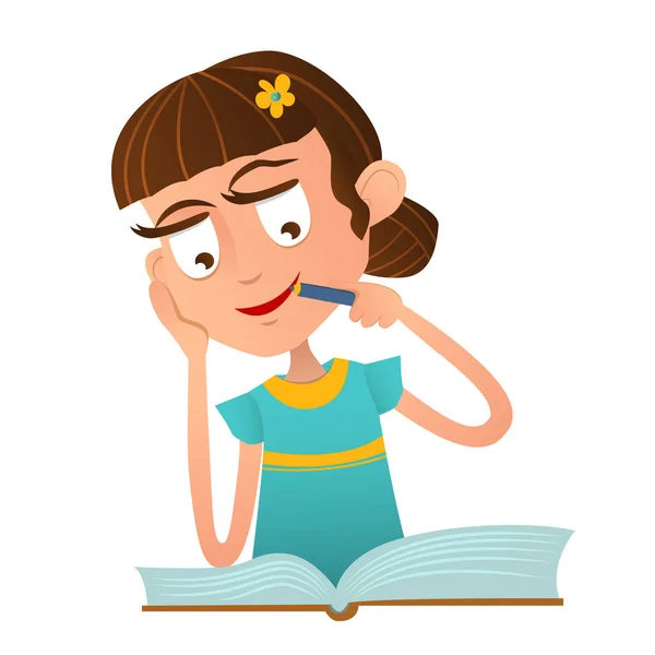 Linda chica inteligente hacer la tarea con un libro, perdido en el pensamiento . — Vector de stock