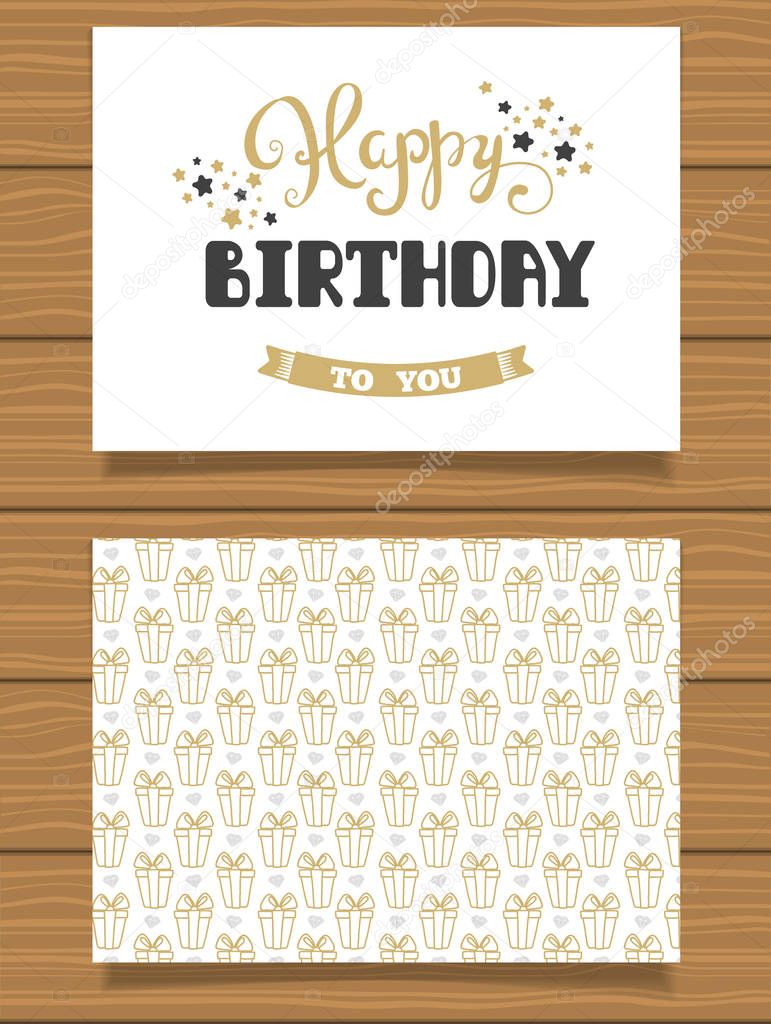 Happy Birthday Lettering greeting card and its reverse side with an abstract design.