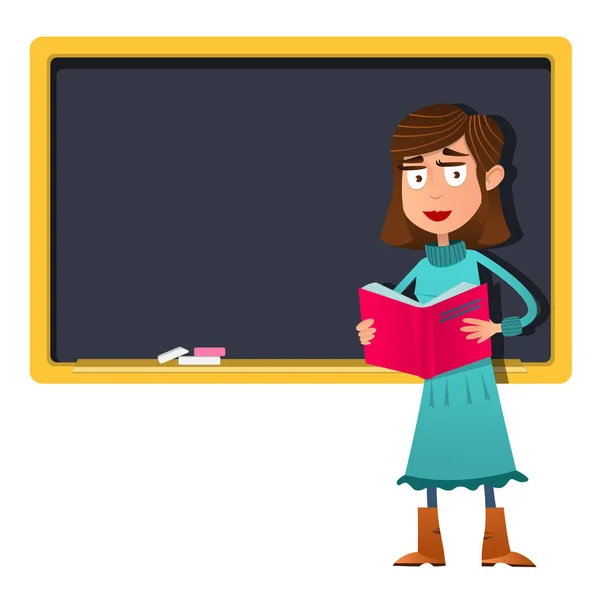 Cartoon Female teacher with book in hand stands at the blackboard — Stock Vector