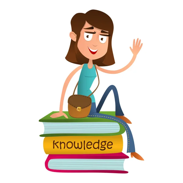 Cute girl teenager sitting on a pile of books and waving. flat style vector illustration isolated on white background. Smart kid — Stock Vector