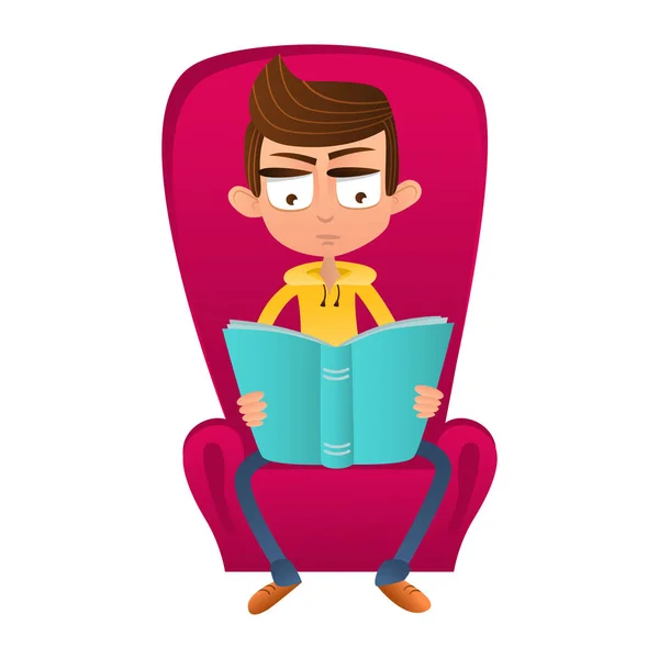Niño inteligente sentado en una silla y leyendo un libro de dibujos animados estilo — Vector de stock