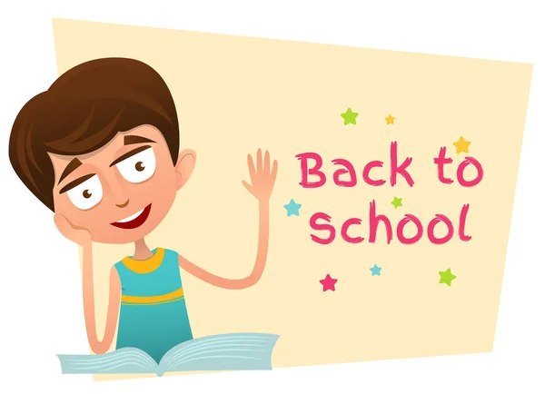 Back to school banner. Smart boy sitting with an open book and waving. — Stock Vector