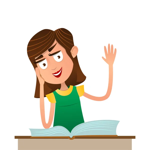 Chica inteligente sentada con un libro abierto y saludando . — Vector de stock