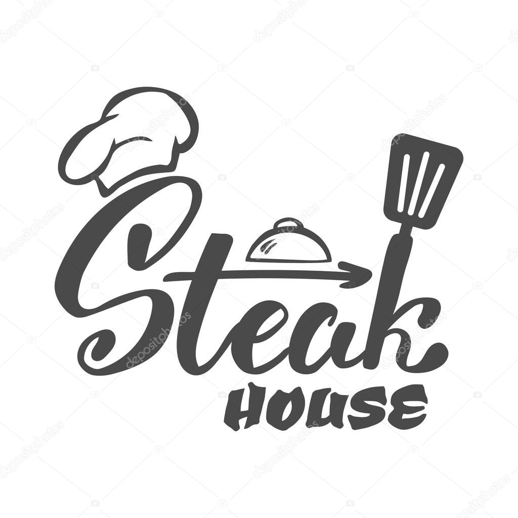 Hand lettering logo.Steak house label, logo and emblem vector templates isolated on white background. Steak house restaurant menu design element.