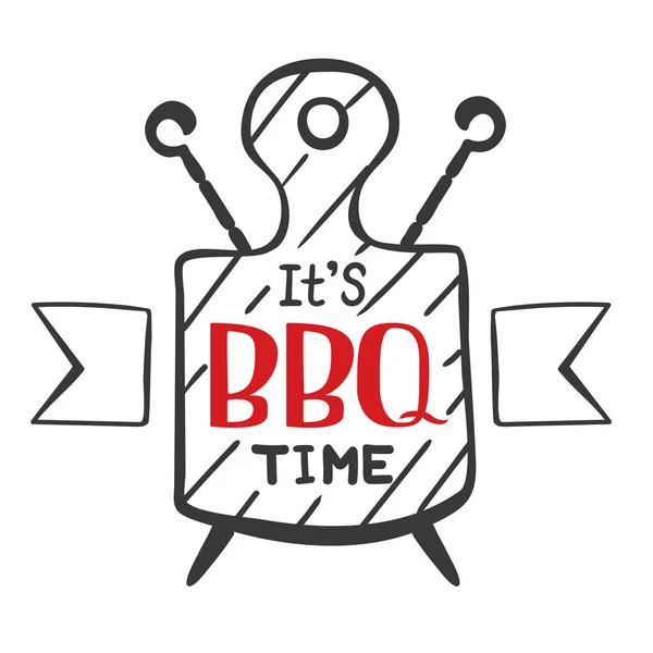 E 'l'ora del barbecue. Logo Hipster ed emblema di un barbecue ristorante sullo sfondo di un tagliere e spiedini. Modelli vettoriali isolati su sfondo bianco. Steak house ristorante menu design ele — Vettoriale Stock