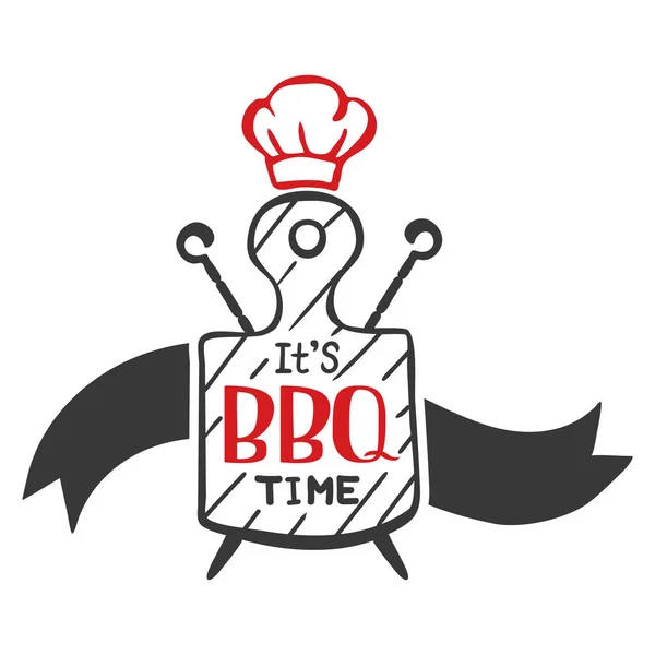 E 'l'ora del barbecue. Logo Hipster ed emblema di un barbecue ristorante sullo sfondo di un tagliere e spiedini. Modelli vettoriali isolati su sfondo bianco. Steak house ristorante menu design ele — Vettoriale Stock