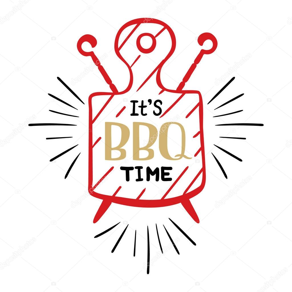 It is bbq time. Hipster logo and emblem of a restaurant barbecue on the background of a cutting board and skewers. Vector templates isolated on white background. Steak house restaurant menu design element