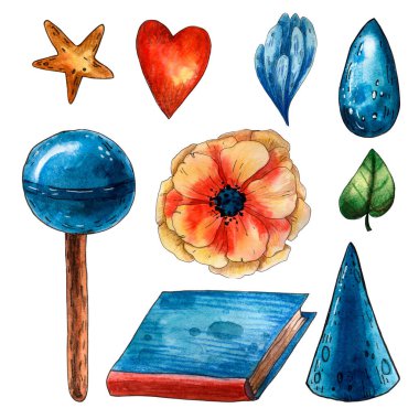 Tatlı suluboya çocukluk seti kitap, çiçek, lolipop, şapka, yıldız ve diğer elementlerle.