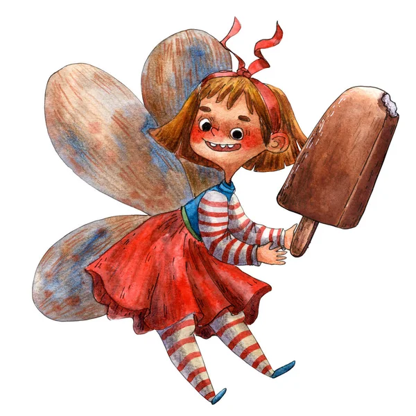 Watercolor illustration of cute fairy girl with ice cream.