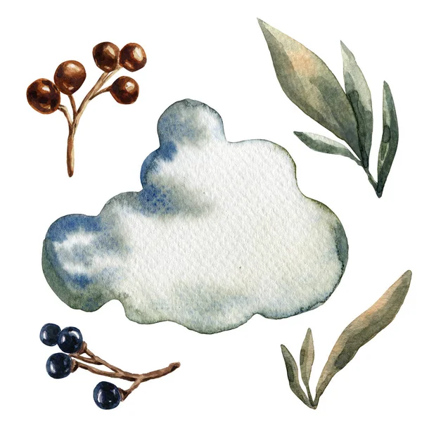 Watercolor botanical illustrations set. Text cloud. — Stockfoto