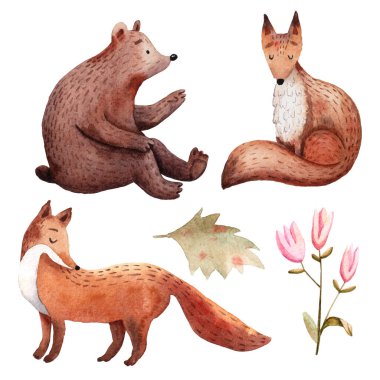 Cute watercolor forest animals. Hand drawn cartoon characters.