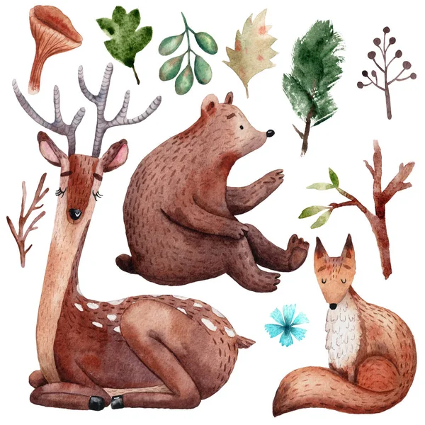 Cute watercolor forest animals. Hand drawn cartoon characters. — 图库照片