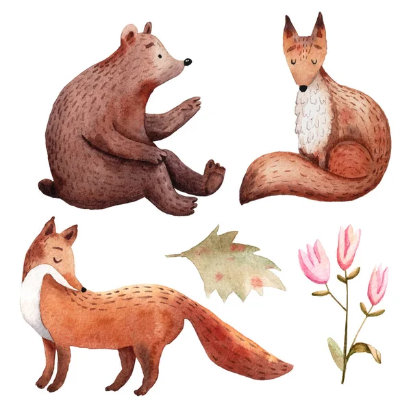 Cute watercolor forest animals. Hand drawn cartoon characters. — Zdjęcie stockowe