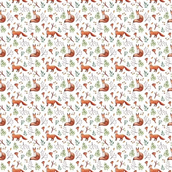 Cute watercolor forest pattern. Hand drawn seamless texture. Beautiful foxes. — Stock Photo, Image