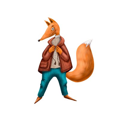 Şirin tilki karakteri. Mavi kot ve kahverengi ceket. Kırmızı kürk. Mutlu giyimli hayvan. Çizgi film tarzı çizimler. Turuncu kuyruk. Güzel çocuk. Komik bir tip. Maskot hayvanı. Tebrik kartı. Yün süveter.