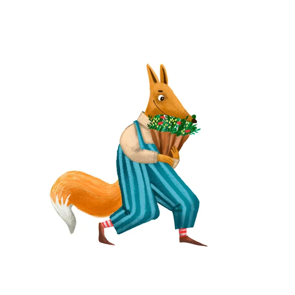 Lindo personaje de zorro. Vaqueros azules y chaqueta marrón. Feliz vestido animal.Cartoon estilo de ilustración. Hermoso chico. Un personaje gracioso. Mascota animal. Tarjeta de felicitación. Jersey de lana. Ramo de flores . — Foto de Stock