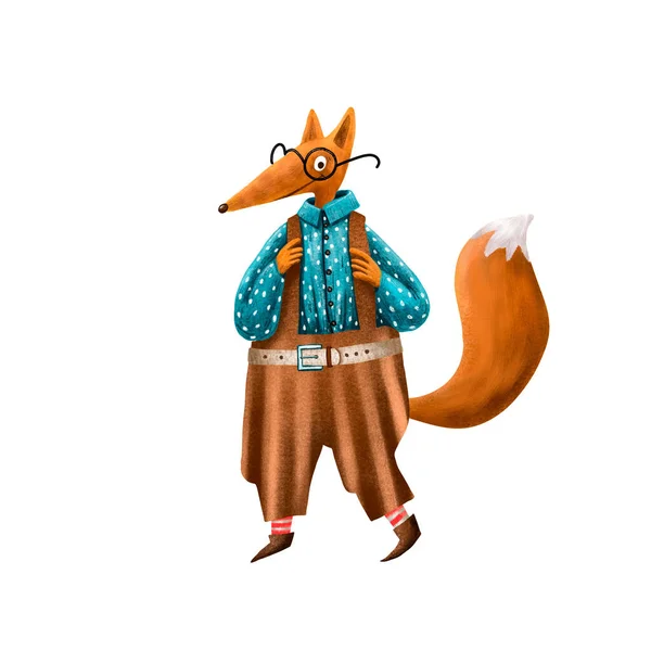 Lindo personaje de zorro con gafas. Vaqueros marrones y camisa de lunares. Feliz animal vestido. Estilo de ilustración de dibujos animados. Cola naranja. Hermoso hombre. Un personaje gracioso. Mascota animal. Tarjeta de felicitación . — Foto de Stock