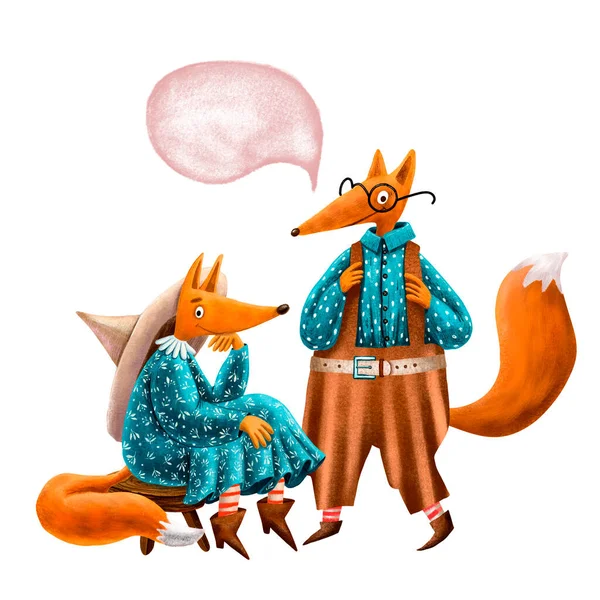 可爱的一对狐狸。数字插图。动物角色。穿着滑稽的狐狸. — 图库照片