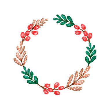 Çiçekli çelenk. İzole çiçekler çerçeve sınırında. Şirin botanik çizimi. Kırmızı fantezi meyveleri. Yeşil yapraklar. Romantik bitkiler. Yaz bahçesi bitkileri. Yuvarlak klasik düğün çelengi. Davetiye kartı.