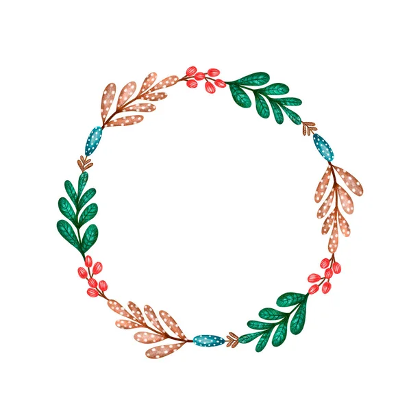 Floral circle wreath. Isolated flowers frame border. Cute botany illustration. Red fantasy berries. Green leaves. Romantic plants. Summer garden herbs. Round vintage wedding wreath. Invitation card. — Stock Photo, Image