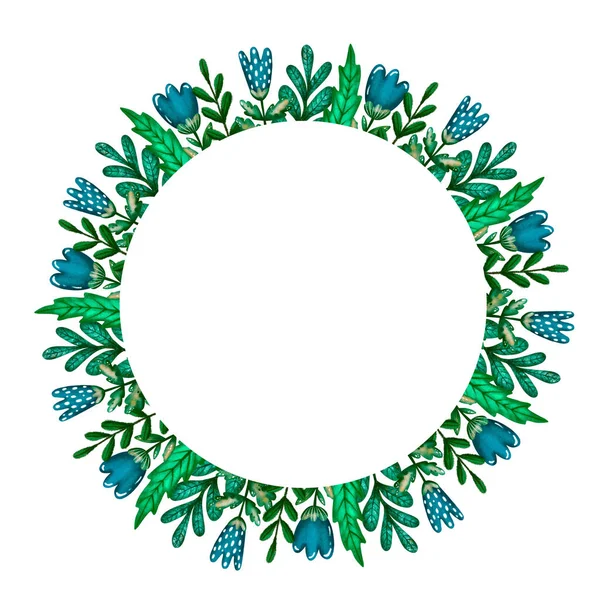 Floral circle wreath. Isolated flowers frame border. Cute botany illustration. Blue fantasy flowers. Green leaves. Romantic plants. Summer garden herbs. Round vintage wedding wreath. Invitation card. — Stock Photo, Image