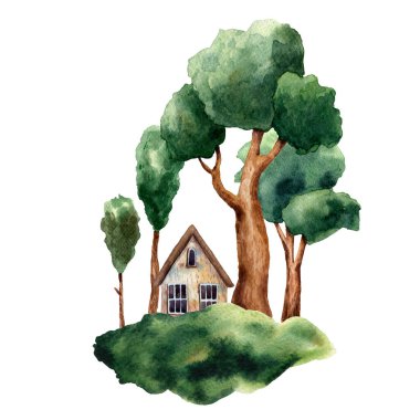 Küçük kasabanın tatlı suluboya çizimi. Summer Caddesi. Avrupa manzarası. Yeşil ağaçlar ve şirin evler. Çizgi film tasviri. Turistik kartpostal. El çizimi stili. Binalar ve ormanlar.