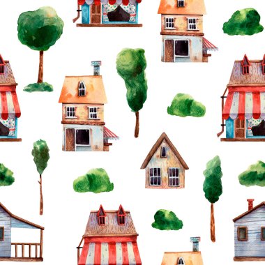 Tatlı suluboya deseni. Yaz kasabası. Evler ve yeşil ağaçlar. Dış görünüş ve mimari geçmiş. Sevimli, kusursuz bir şehir dokusu. Süsü tekrar et. El çizimi sokak. Çalılar ve ağaçlar. Açık arazi..