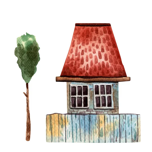 Aquarelle Jolie Maison Bois Illustration Dessinée Main Petite Maison Minimaliste — Photo