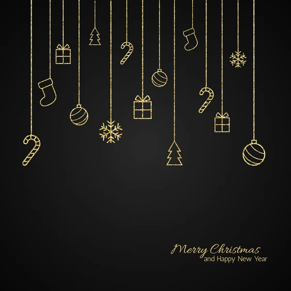 Flat Christmas greeting card with gold baubles. Black background — Stock Vector