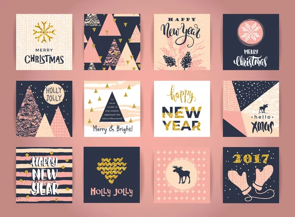 Conjunto de creativos artísticos Feliz Navidad y Año Nuevo tarjetas. — Vector de stock