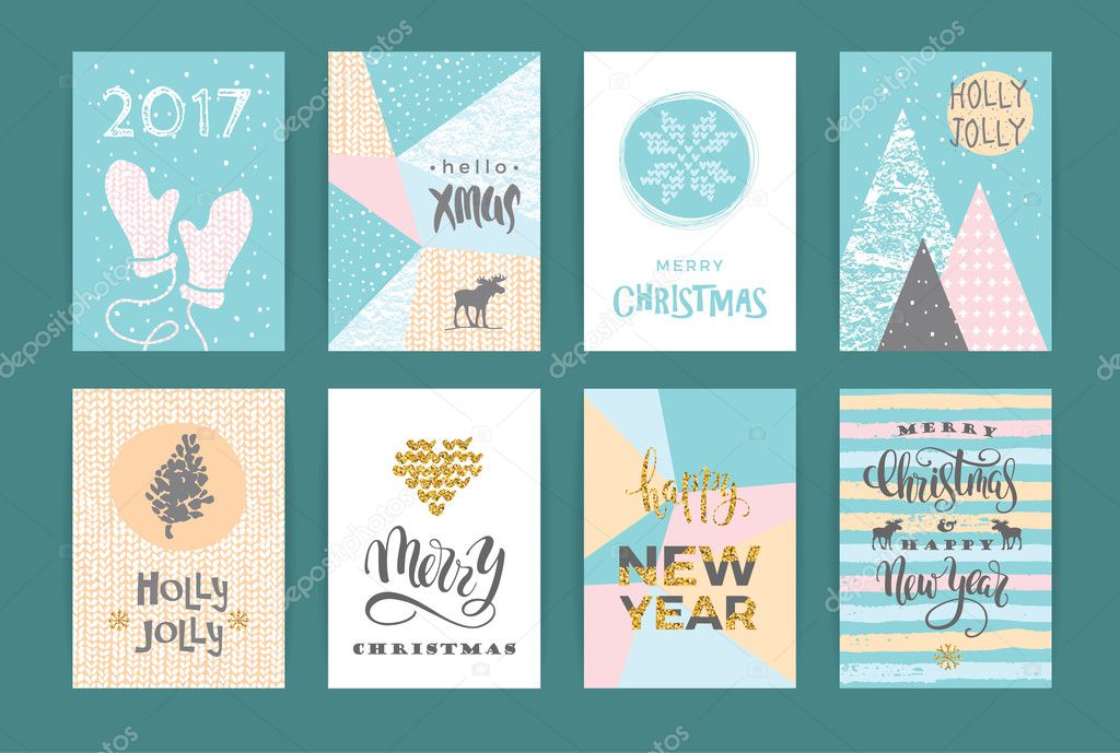 Set of artistic creative Merry Christmas and New Year cards.