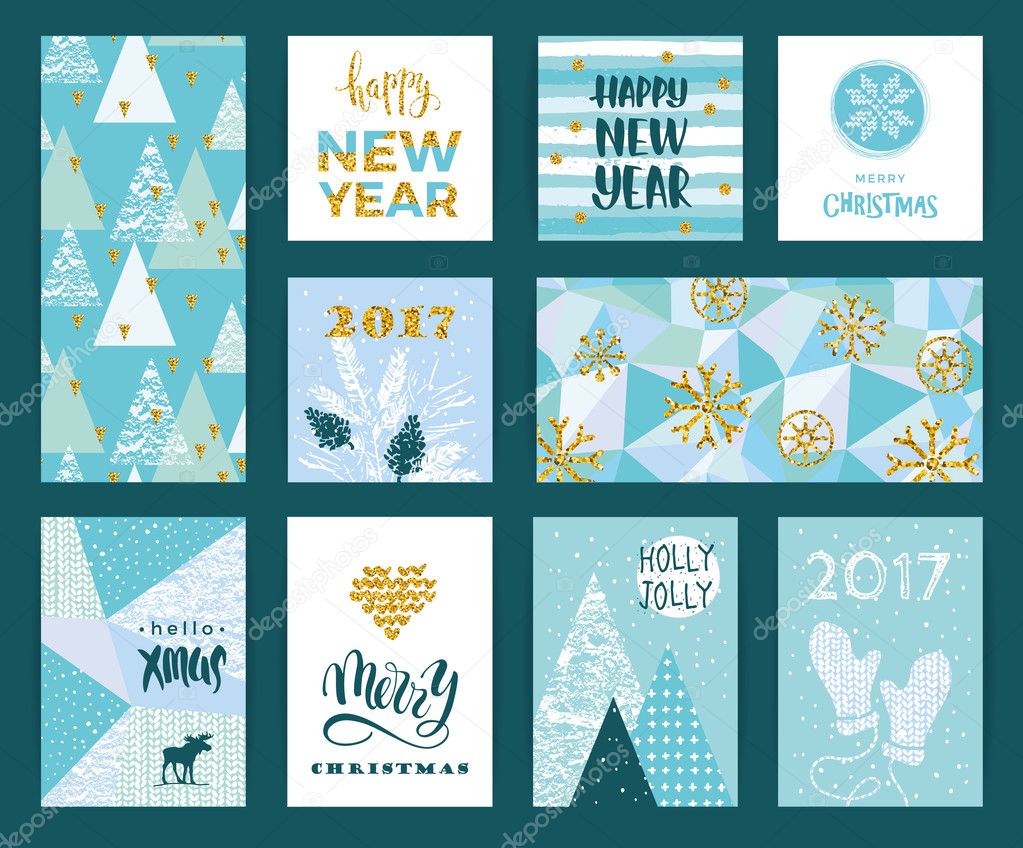 Set of artistic creative Merry Christmas and New Year cards.