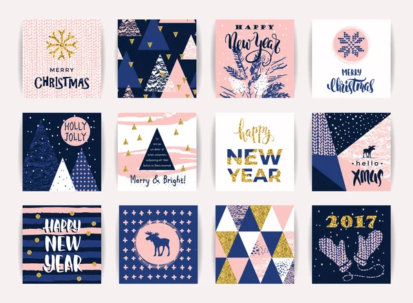 Σύνολο καλλιτεχνικών δημιουργικών Καλά Χριστούγεννα και την Πρωτοχρονιά κάρτες. — Διανυσματικό Αρχείο
