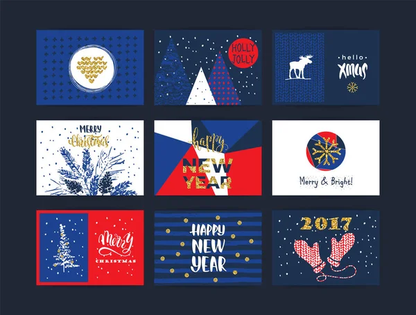 Conjunto de creativos artísticos Feliz Navidad y Año Nuevo tarjetas. — Archivo Imágenes Vectoriales