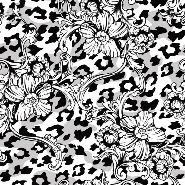 Eklektik kumaş seamless modeli. Hayvan arka plan barok süsleme ile.