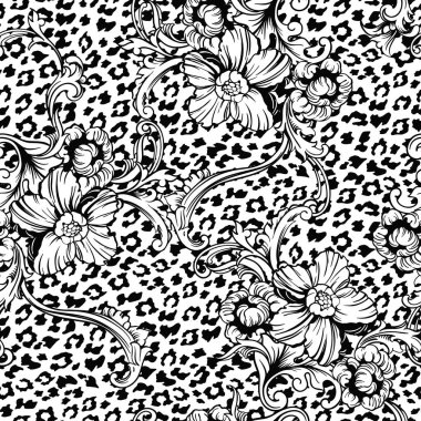 Eklektik kumaş seamless modeli. Hayvan arka plan barok süsleme ile.