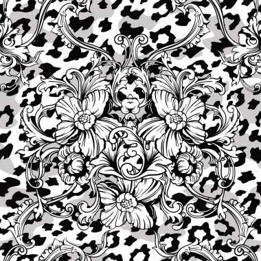 Eklektik kumaş seamless modeli. Hayvan arka plan barok süsleme ile.