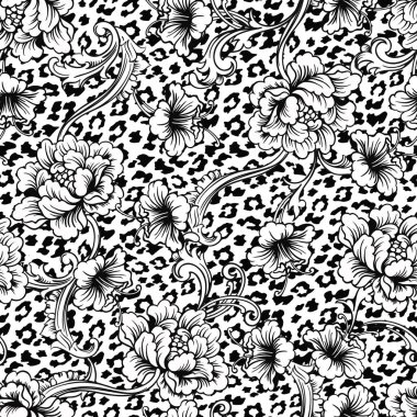 Eklektik kumaş seamless modeli. Hayvan arka plan barok süsleme ile.