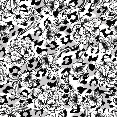 Eklektik kumaş seamless modeli. Hayvan arka plan barok süsleme ile.