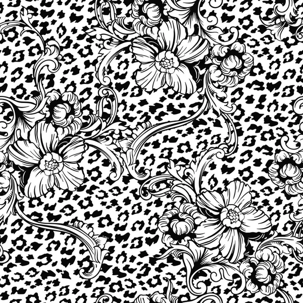 Eclectic fabric seamless pattern. Animal background with baroque ornament. — Stock Vector