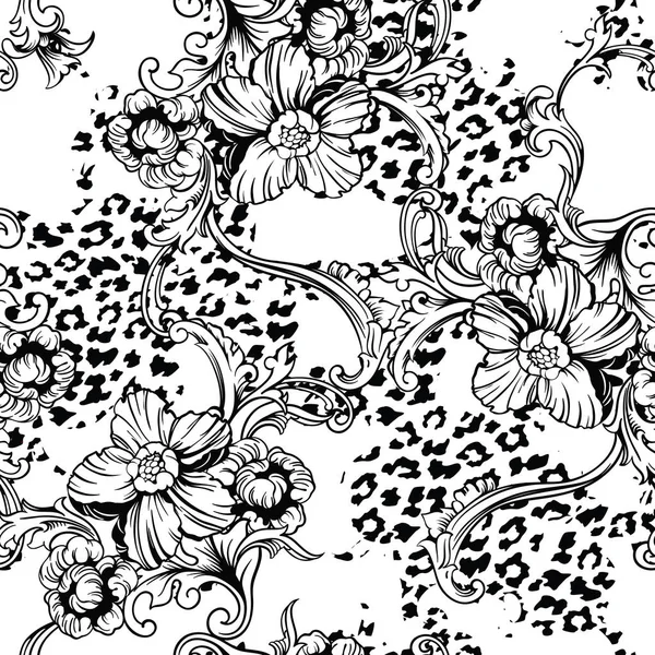 Eclectic fabric seamless pattern. Animal background with baroque ornament. — Stock Vector